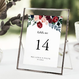 Hochzeit von Burgundy Pink Navy und Blumenkalligra Tischnummer