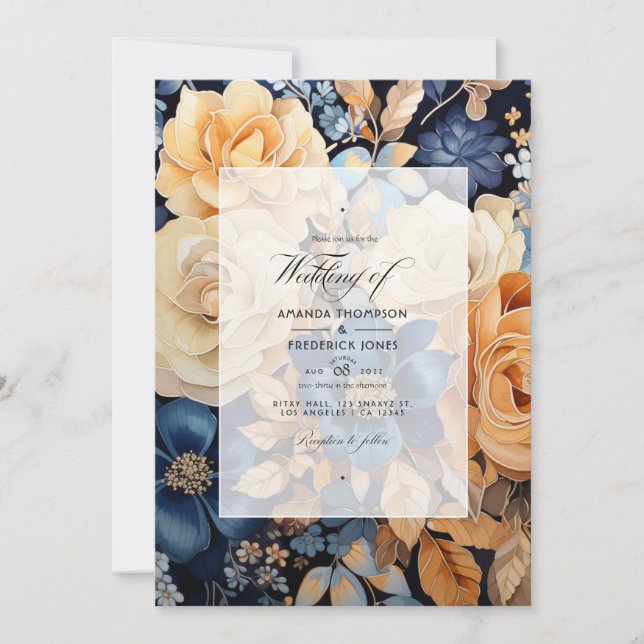 Hochzeit von Champagner, Navy und Brown Floral Spr Einladung (Vorderseite)