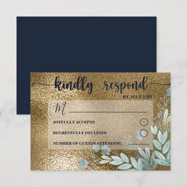 Hochzeit von Chic UAWG Navy und Gold Foliage RSVP Karte (Vorne/Hinten)