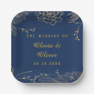Hochzeit von Classy Navy Blue Botanical Florals Pappteller