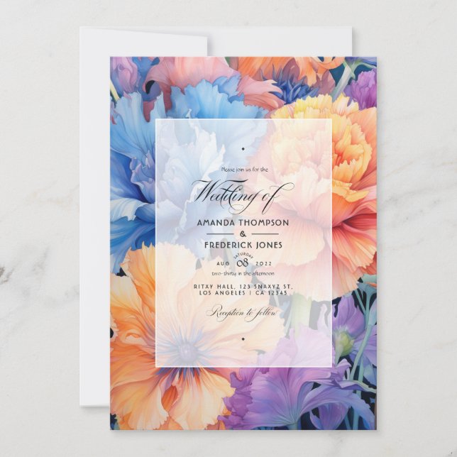 Hochzeit von Cornflower Blue und Peach Floral Einladung (Vorderseite)