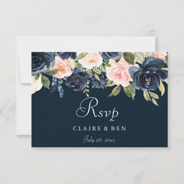 Hochzeit von Deep Navy Blush Floral RSVP Karte (Vorderseite)