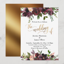 Hochzeit von Deep Red Burgundy Floral Gold Typogra Einladung