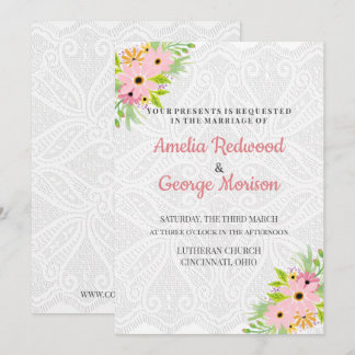 Hochzeit von Doily- und Wasserfarben-Blume Einladung