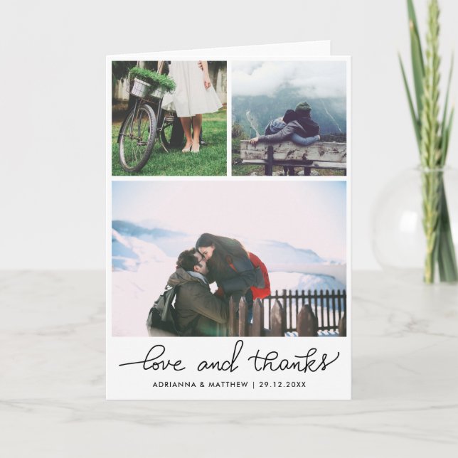 Hochzeit von drei Fotos Liebe und Skript Dankeskarte (Vorderseite)