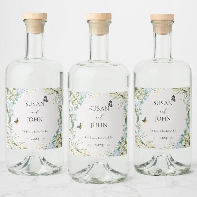 Hochzeit von dunkelblauen und weißen Blumen Alkoholflaschenetikett (Flaschen)