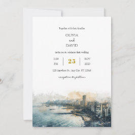 Hochzeit von Dusky Blue Coastal Skyline City View  Einladung
