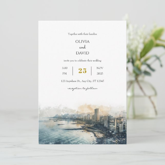 Hochzeit von Dusky Blue Coastal Skyline City View  Einladung (Stehend Vorderseite)