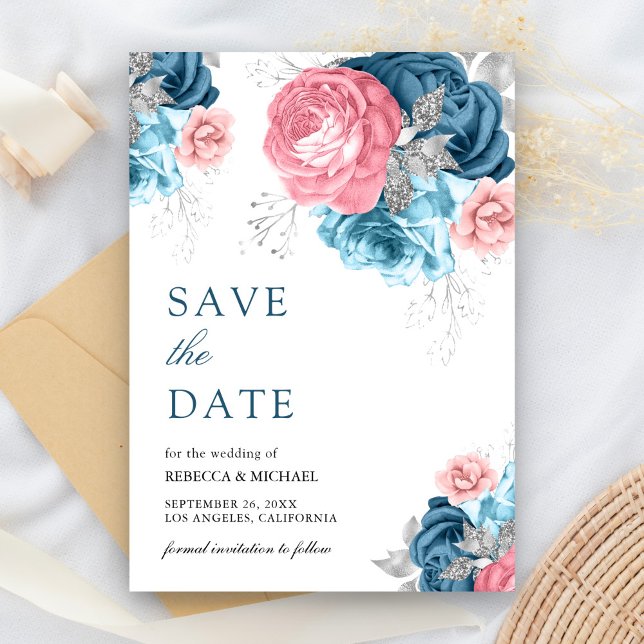 Hochzeit von Dusty Blue Pink Floral Rose Save The Date (Von Creator hochgeladen)