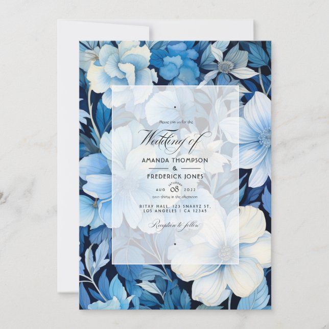 Hochzeit von Eisblau, Navy und Weiß-Blumen Einladung (Vorderseite)