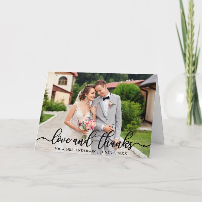 Hochzeit von eleganter Script-Liebe und dank Foto- Dankeskarte (Vorderseite)
