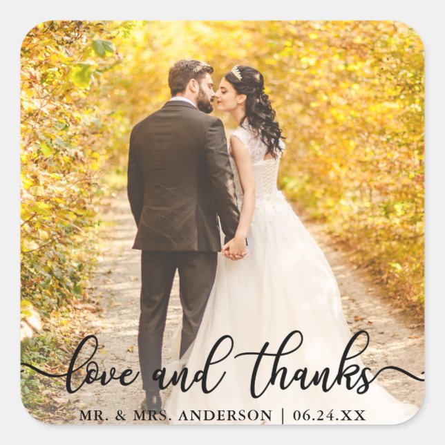 Hochzeit von eleganter Script-Liebe und Dank Foto  Quadratischer Aufkleber (Vorderseite)