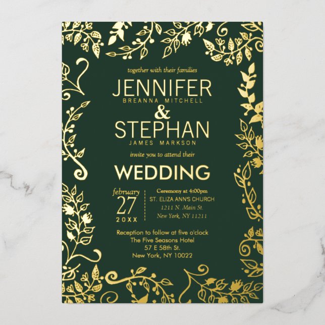 Hochzeit von Eleganwood Green Real Gold Floral Folieneinladung (Vorderseite)