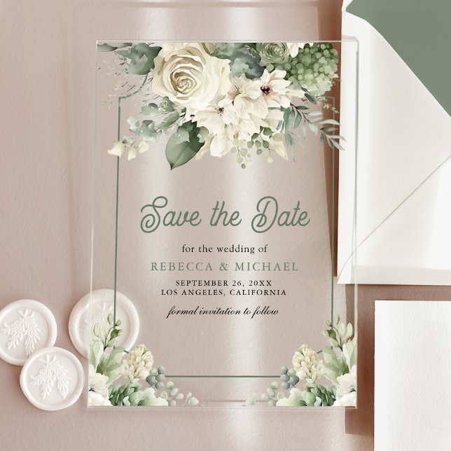 Hochzeit von Elfenbein Grünen Blumen retten das Da Acryleinladungen (Von Creator hochgeladen)