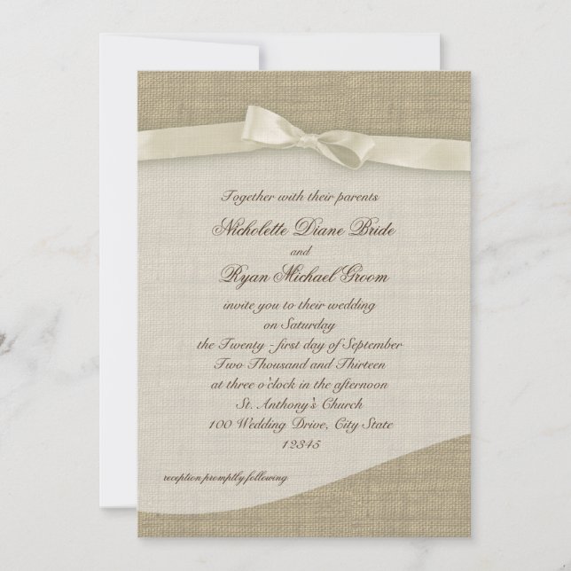 Hochzeit von Elfenbein und Burlap Einladung (Vorderseite)