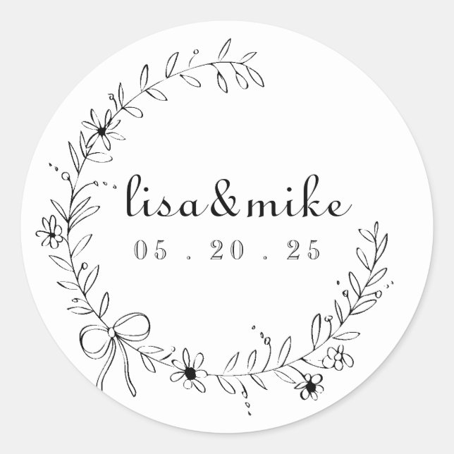 Hochzeit von Floral und Bow Wreath Runder Aufkleber (Vorderseite)