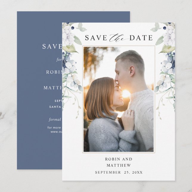 Hochzeit von Foto, Marine und Weiß-Blumen Save The Date (Vorne/Hinten)