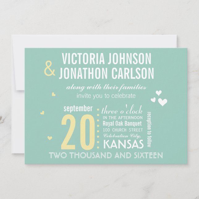 Hochzeit von Foto Minze und Gelb Moderne Typografi Einladung (Vorderseite)
