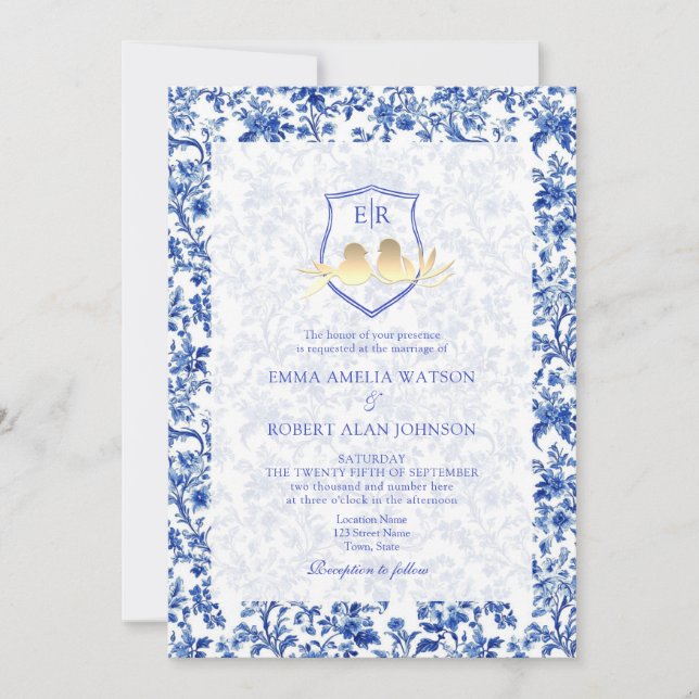 Hochzeit von French Toile Blue Floral Wappen Einladung (Vorderseite)