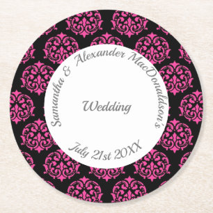 Hochzeit von Fuchsienrosa und schwarzem Damast Runder Pappuntersetzer