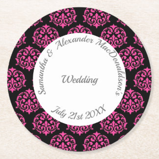 Hochzeit von Fuchsienrosa und schwarzem Damast Runder Pappuntersetzer