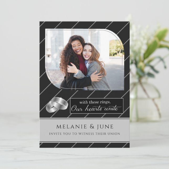 Hochzeit von Gay und Lesbisch Black Pinstripe Foto Einladung (Stehend Vorderseite)