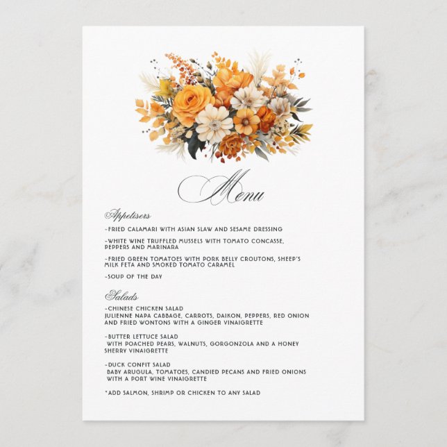 Hochzeit von Gelb, Orange und Elfenbeinflora Menükarte (Vorderseite)