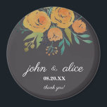 Hochzeit von Gelb- und Braunblumenorange Magnet<br><div class="desc">Ein Teil der A Touch der Gelben Blumenzwiebeln und Rose Kollektion. Ein klassischer und eleganter Hochzeitsmagnet mit gelb-orangefarbenen Rose und Pfennigfugen,  botanischen und eukalyptusfarbenen Blätter im dunkelbraunen Hintergrund. Ein Dankeschön für Ihre Gäste.</div>