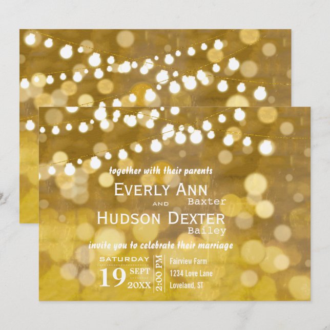 Hochzeit von Gelb und Gold Forest Lights Garland Einladung (Vorne/Hinten)