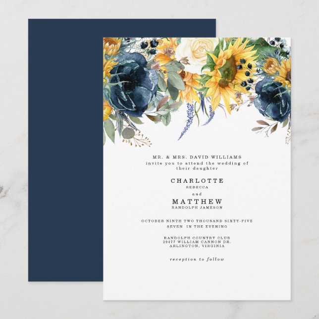 Hochzeit von Gelb und Navy Einladung (Vorne/Hinten)