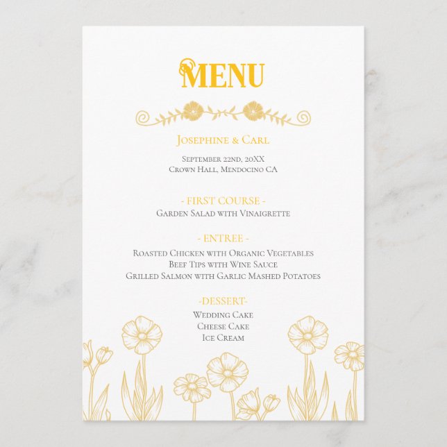 Hochzeit von Gelb und Weiß Menükarte (Vorderseite)