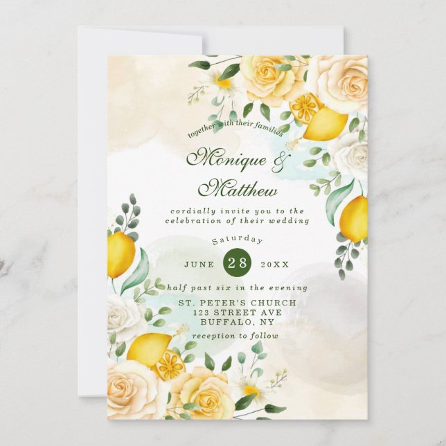 Hochzeit von Gentle Yellow Roses und Lemons Einladung (Vorderseite)