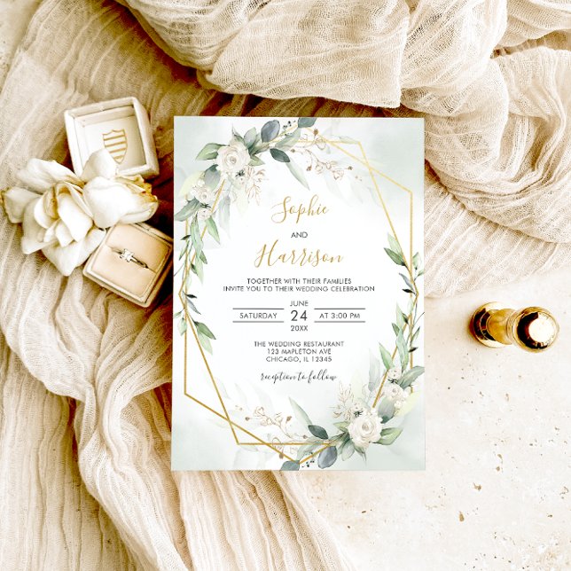 Hochzeit von geometrischer Seite und goldener Grün Einladung (Von Creator hochgeladen)