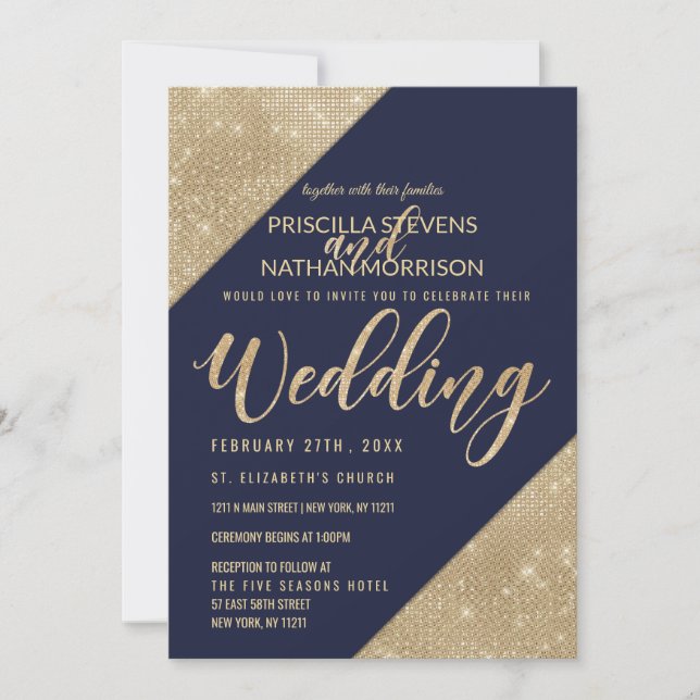 Hochzeit von Glitzer Sequin Gold und Navy Blue Imi Einladung (Vorderseite)