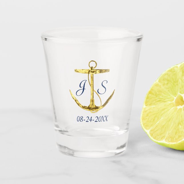 Hochzeit von Gold Anchor und Navy Blue Monogram Schnapsglas (Vorderseite)