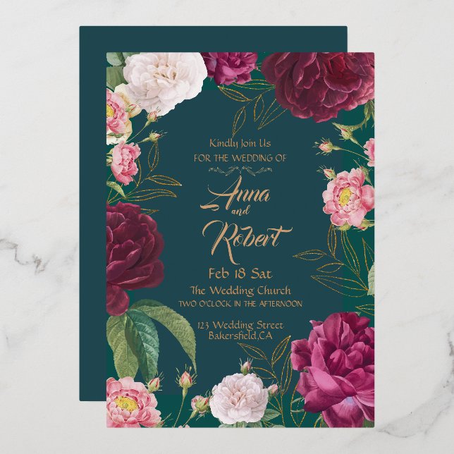 Hochzeit von Gold & Emerald Green Folieneinladung (Vorderseite/Rückseite)