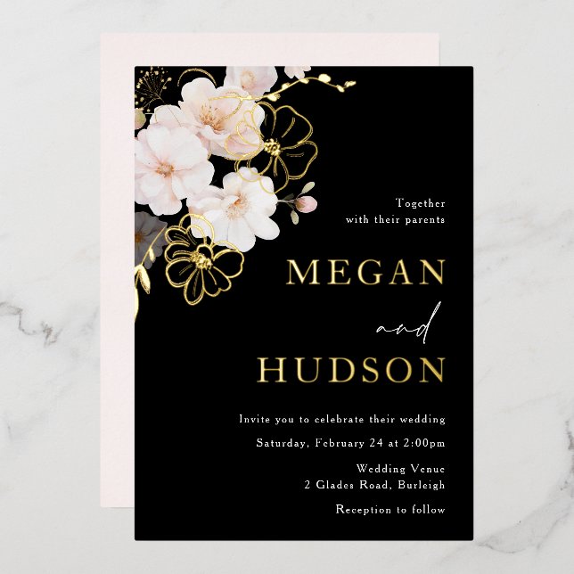 Hochzeit von Gold Foil & Blush-Wildblumen Folieneinladung (Vorderseite/Rückseite)