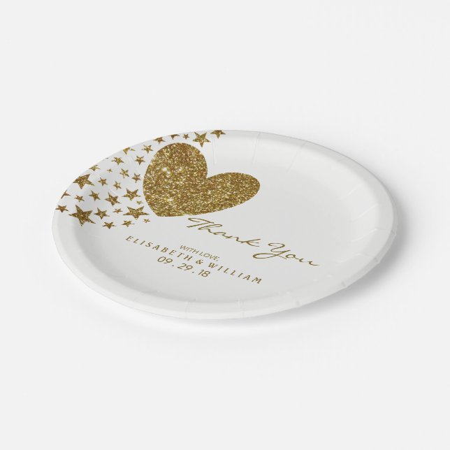 Hochzeit von Gold Glitzer Heart and Stars Pappteller (Schrägansicht)