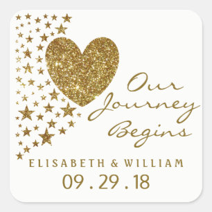 Hochzeit von Gold Glitzer Heart and Stars Quadratischer Aufkleber