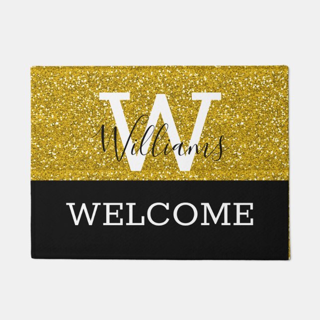 Hochzeit von Gold Glitzer und Black Monogram Fußmatte (Vorderseite)