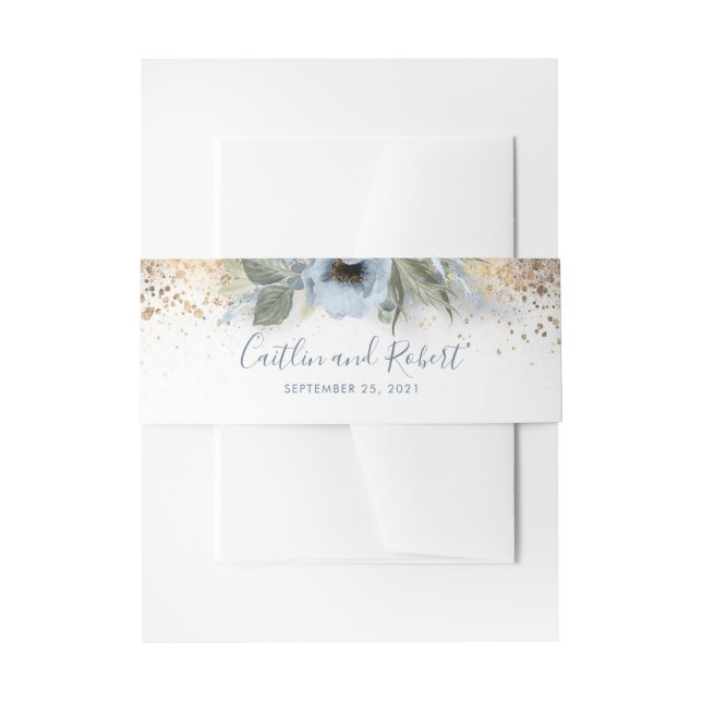 Hochzeit von Gold Glitzer und Dusty Blue Floral Einladungsbanderole (Vorderseite Beispiel)
