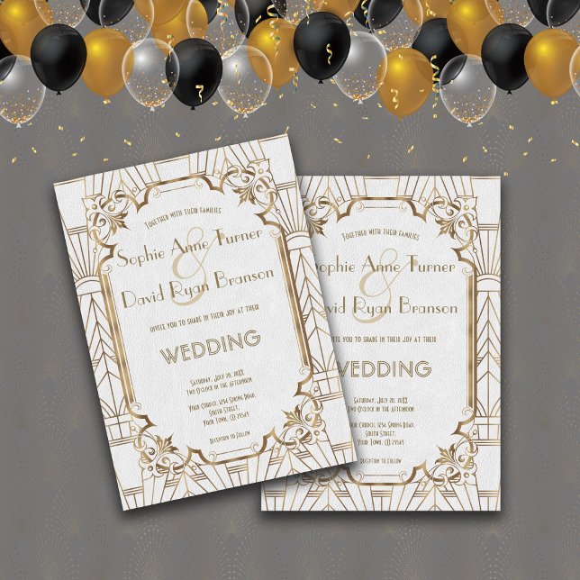Hochzeit von Gold Great White Art Deco 1920s Einladung (Wedding white gold Art Deco invitation, Glamorous Trendy Wedding invitation, All seasons wedding )