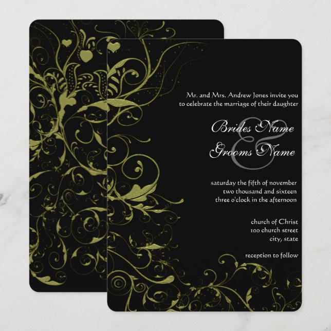 Hochzeit von Gold Love Birds & Wirbel Einladung (Vorne/Hinten)