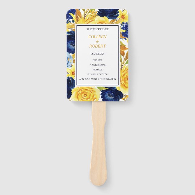 Hochzeit von Gold Navy Blue Floral Fächer (Vorderseite)