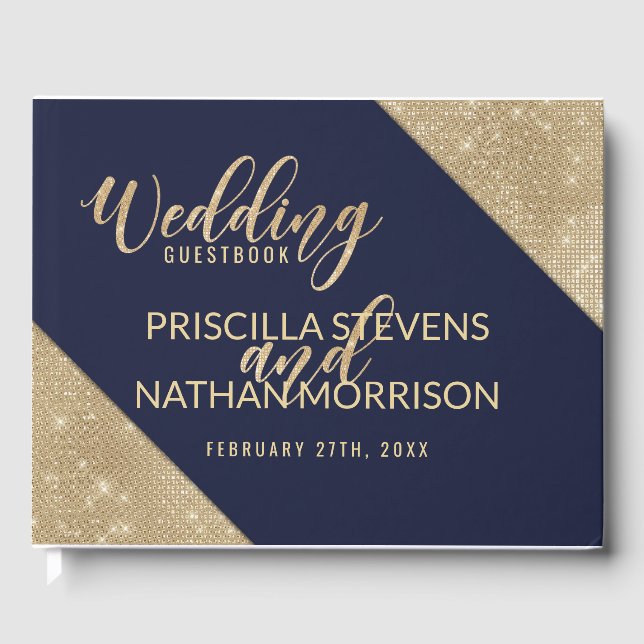 Hochzeit von Gold Navy Blue Imitats Glitzer Sequin Gästebuch (Vorderseite)