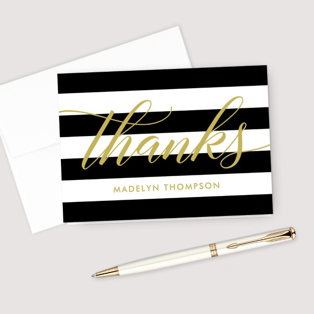 Hochzeit von Gold Script Black und White Stripes Dankeskarte (Von Creator hochgeladen)
