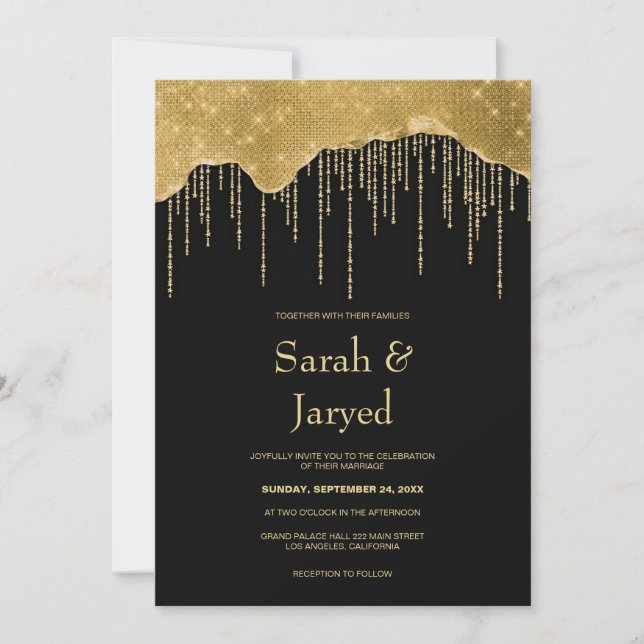 Hochzeit von Gold Tropfen Glitzer Einladung (Vorderseite)