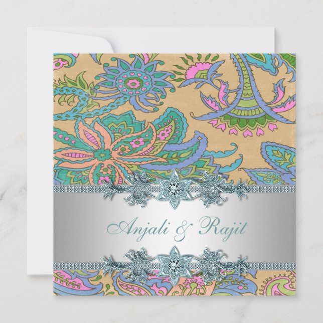 Hochzeit von Gold und Aquamarin Blue Paisley Einladung (Vorderseite)