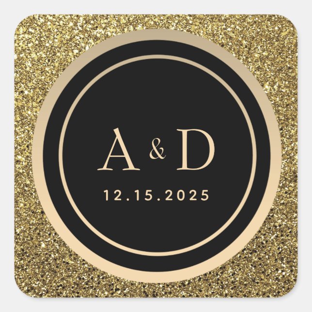 Hochzeit von Gold und Black Monogram Quadratischer Aufkleber (Vorderseite)