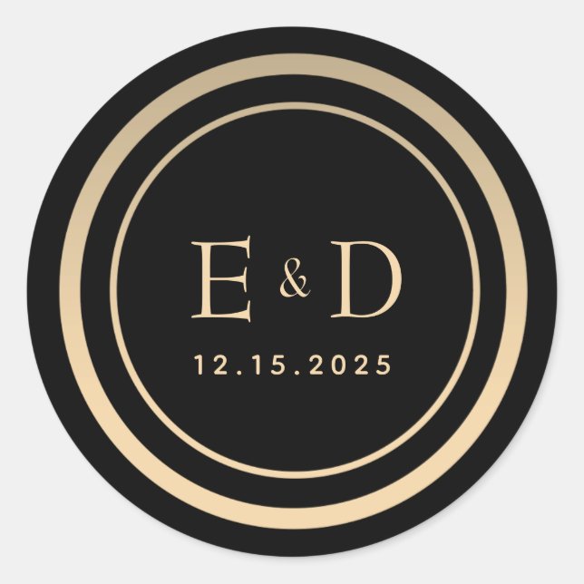 Hochzeit von Gold und Black Monogram Runder Aufkleber (Vorderseite)